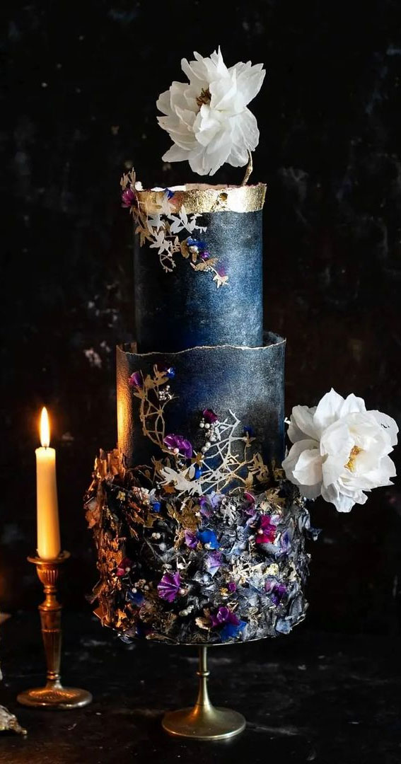 40+ stylish Dark & Moody Wedding Cakes : Black Cake Topped with Wafer Paper Peonies