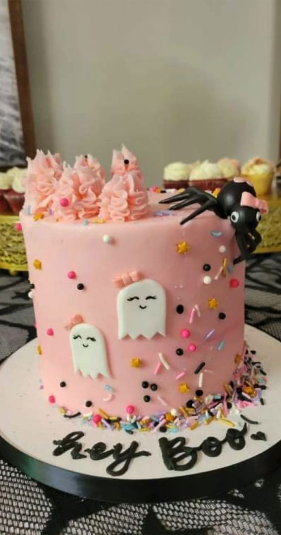 100+ Cute Halloween Cake Ideas : Pink Cake with Spider & Ghosts