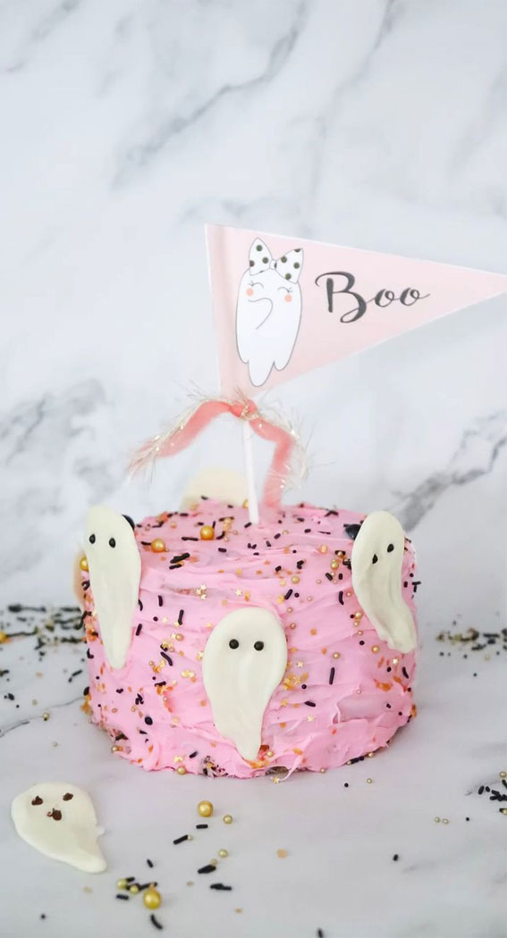 100+ Cute Halloween Cake Ideas : Pink Cake with Boo Flag