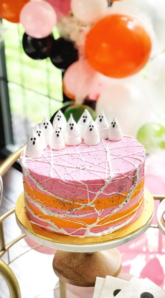 100+ Cute Halloween Cake Ideas : Pink and Orange Cake Covers with Cobwebs