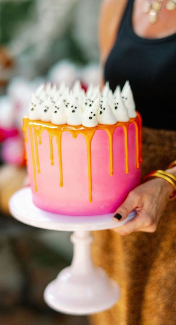 100+ Cute Halloween Cake Ideas : Ombre Pink + Caramel Drip + Meringue Ghosts