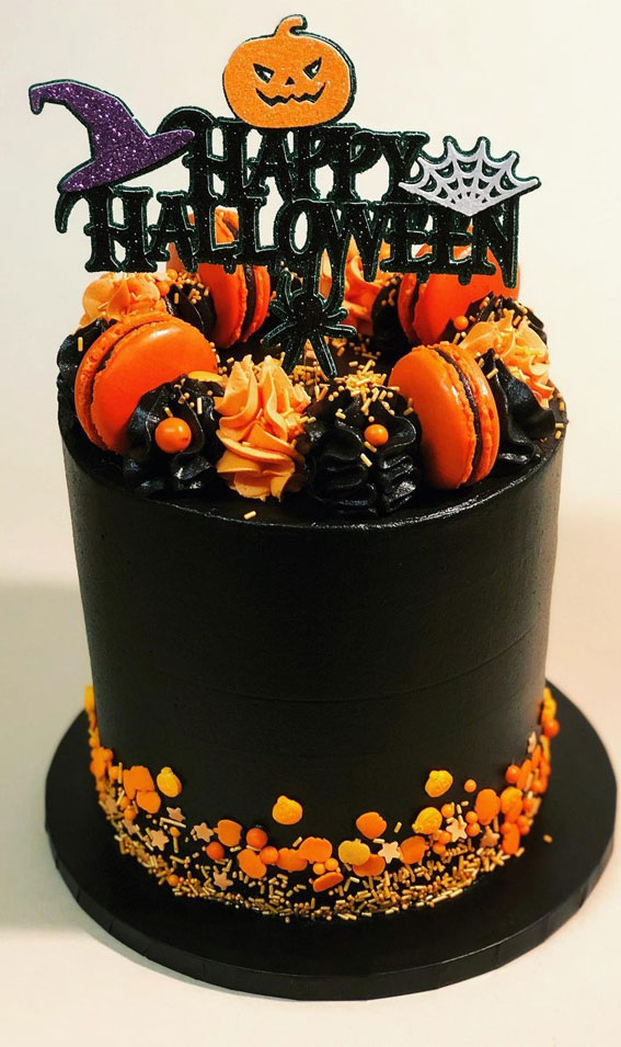 100+ Cute Halloween Cake Ideas : Black and Orange Cake with Macarons