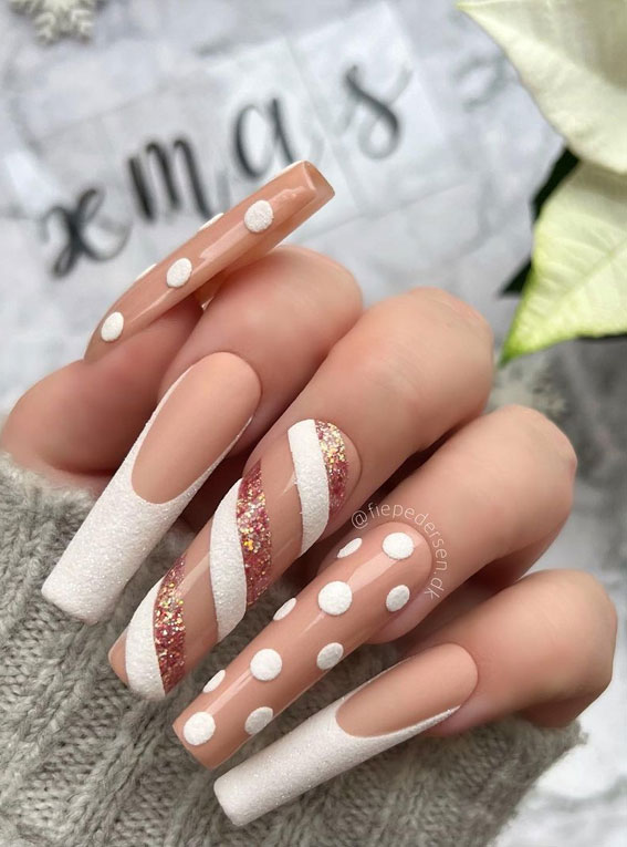 50+ Fab Christmas Nail Designs & Ideas : Nude Candy Cane Coffin Nails