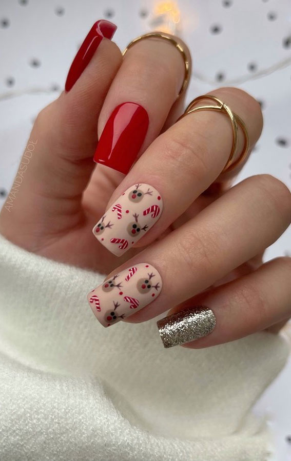 50+ Fab Christmas Nail Designs & Ideas : Red + Reindeer + Candy Cane Nails