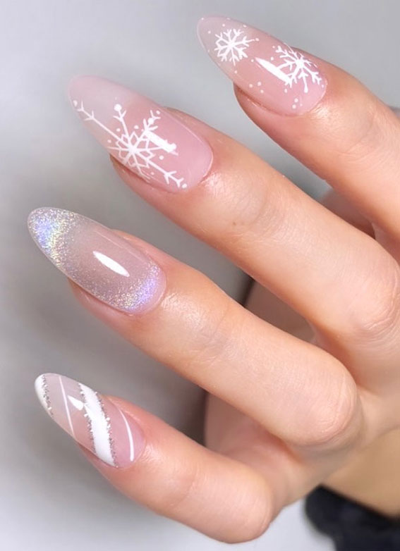 50+ Fab Christmas Nail Designs & Ideas : Snowflake & Candy Cane Sheer Pink Nails