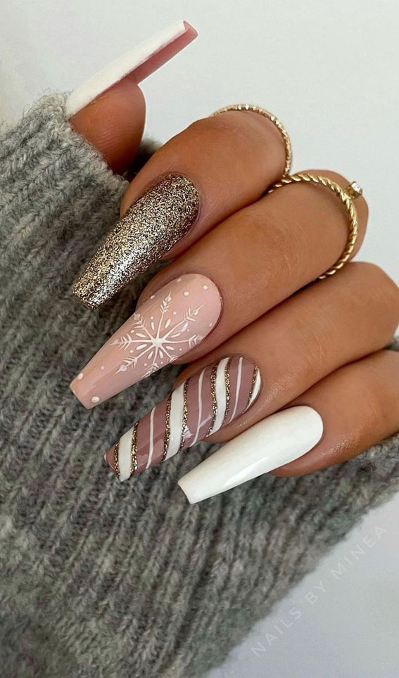 50+ Fab Christmas Nail Designs & Ideas : Glitter & Neutral Coffin Nails