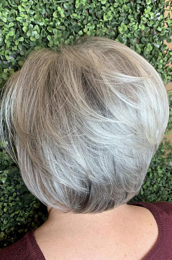 50+ Haircut & Hairstyles for Women Over 50 : Smokey Grey Layered Bob