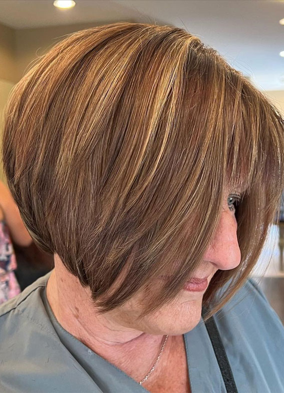50+ Haircut & Hairstyles for Women Over 50 : Golden Brown Stacked Bob with  Bangs