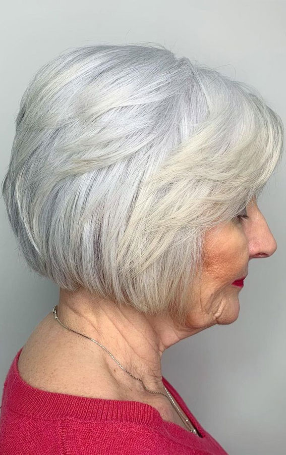 50+ Haircut & Hairstyles for Women Over 50 : Silver Grey Layered Bob