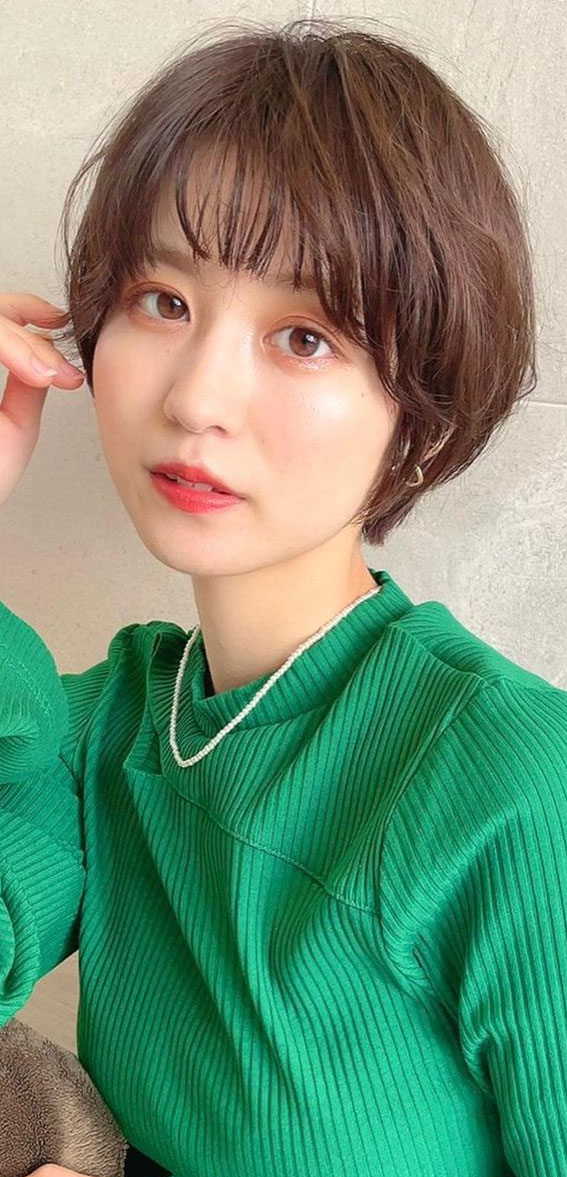 30+ Cute Short Hair with Bangs Korean Style : Soft Wispy Bangs Brown Hair