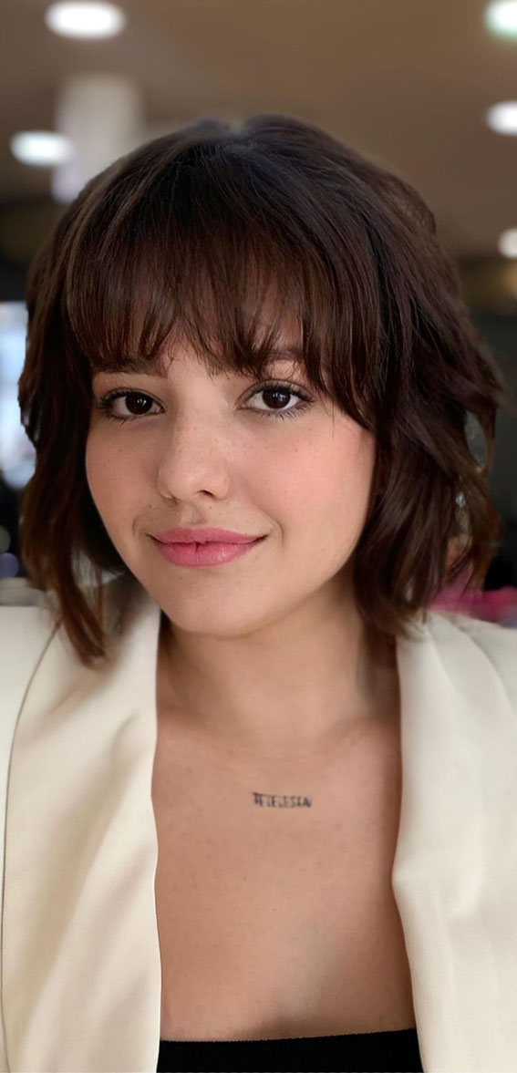 50 Best Short Hair with Bangs : Textured Bob with Soft Bangs