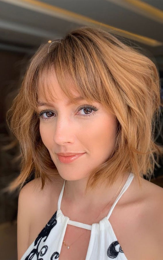 50 Best Short Hair with Bangs : Blonde Airy Bob with Bangs