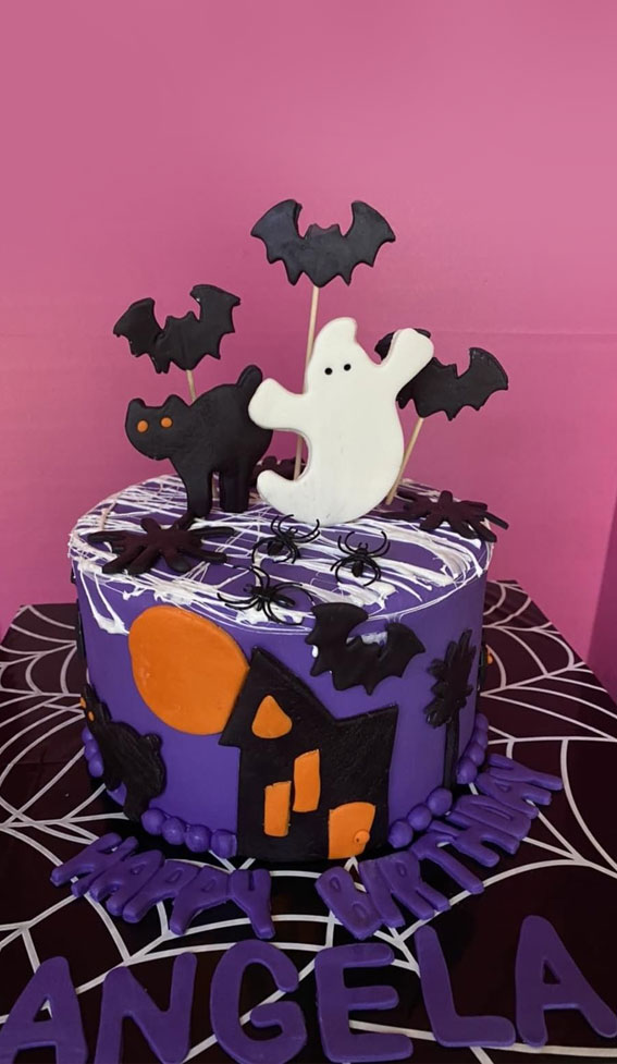 100+ Cute Halloween Cake Ideas : Purple Cake Topped with Bats & Ghost