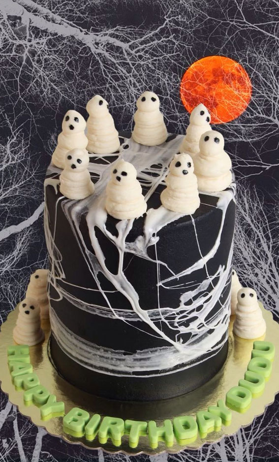 100+ Cute Halloween Cake Ideas : Black Cake Wrapped with Cobweb