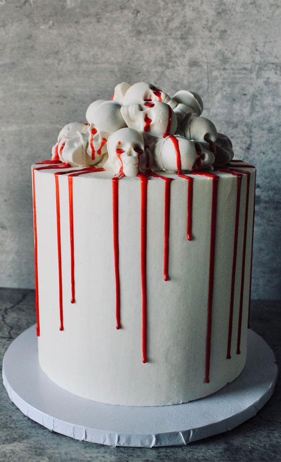 100+ Cute Halloween Cake Ideas : Red Drips + White Skull