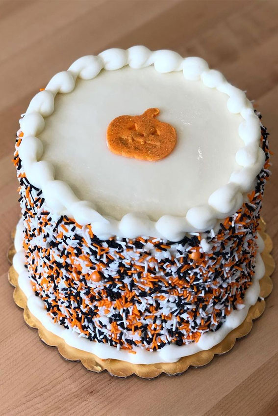 100+ Cute Halloween Cake Ideas : Sprinkle Cake Topped with Jack-O-Lantern
