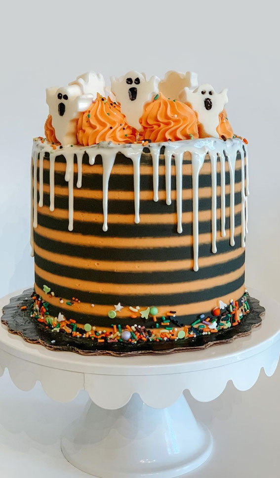 100+ Cute Halloween Cake Ideas : Black and Orange Strips + Icing Drips