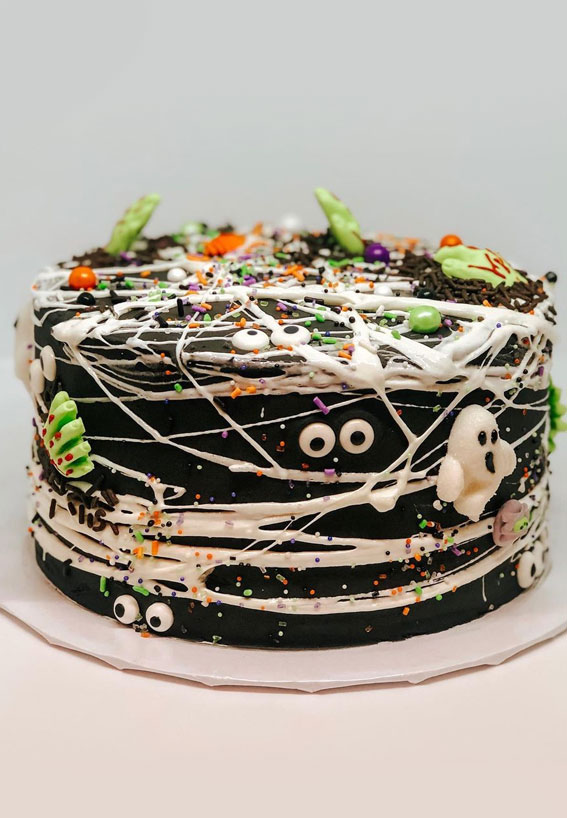 100+ Cute Halloween Cake Ideas : Black Cake Covers in Spider Web