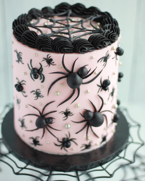 100+ Cute Halloween Cake Ideas : Pink Cake with Spiders