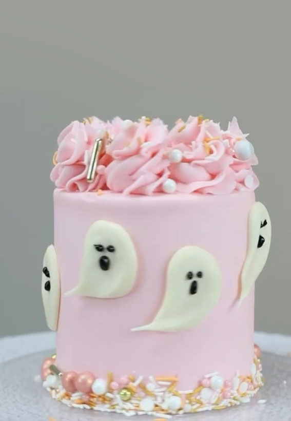 100+ Cute Halloween Cake Ideas : Pink Buttercream Cake + White Ghost