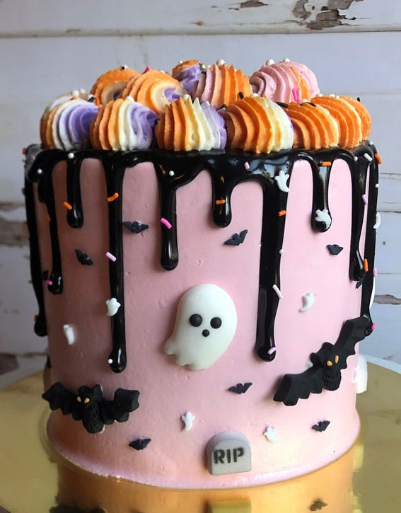100+ Cute Halloween Cake Ideas : Pink Cake with Chocolate Drips