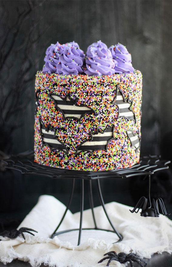 100+ Cute Halloween Cake Ideas : Striped sprinkle bat cake