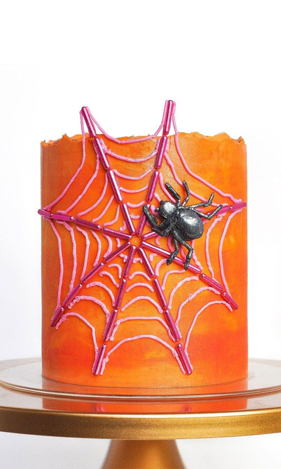 100+ Cute Halloween Cake Ideas : Orange Cake with Pink Spider Web