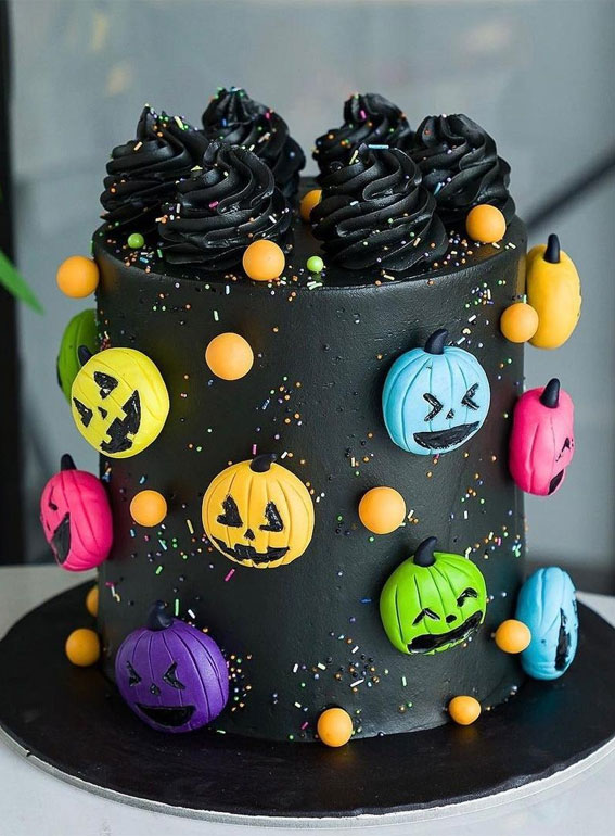 100+ Cute Halloween Cake Ideas : Colourful Jack-O-Lantern Black Cake