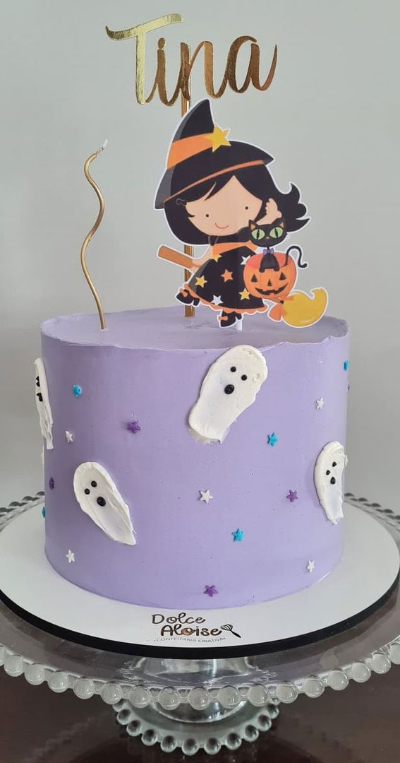 100+ Cute Halloween Cake Ideas : Lavender Halloween Cake with Ghosts