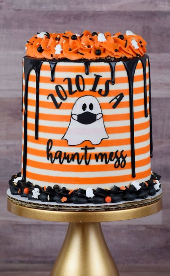 100+ Cute Halloween Cake Ideas : Orange and White Strip with Chocolate Drips
