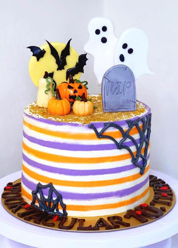 100+ Cute Halloween Cake Ideas : Purple and Yellow Stripe Cake