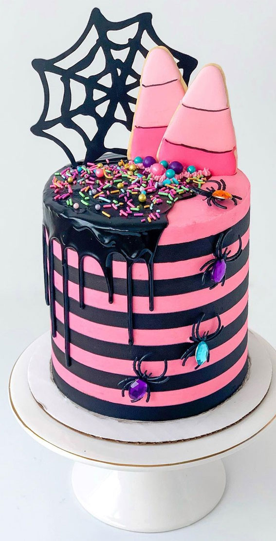 100+ Cute Halloween Cake Ideas : Pink Candy Corn + Spiders