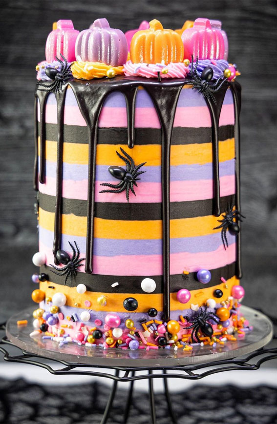 100+ Cute Halloween Cake Ideas : Black, Pink, Purple and Yellow Stripe Cake
