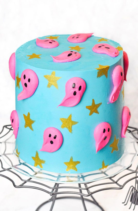 100+ Cute Halloween Cake Ideas : Blue Cake with Pink Ghosts