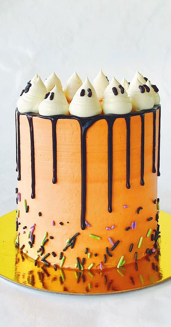 100+ Cute Halloween Cake Ideas : Orange Cake with Chocolate Drip