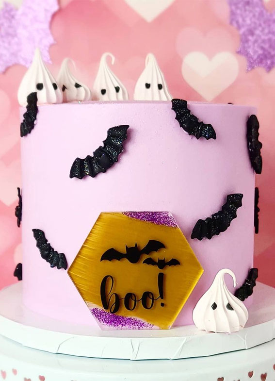 100+ Cute Halloween Cake Ideas : Pink Cake Adorned with Bats