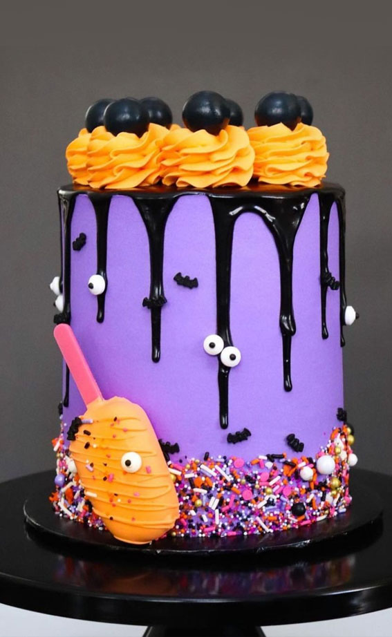 100+ Cute Halloween Cake Ideas : Soft Purple Cake with Chocolate Drips