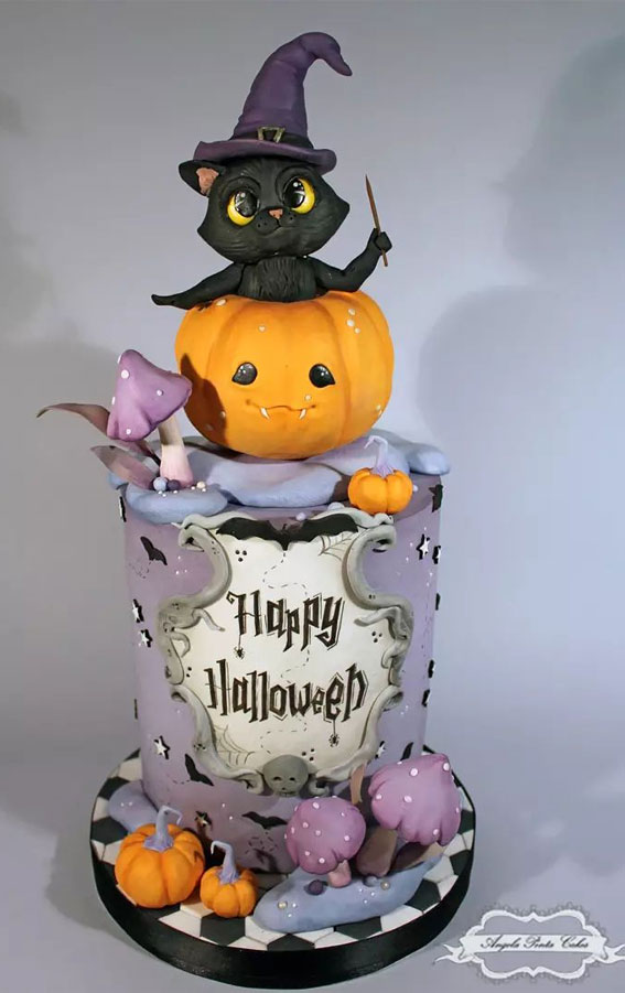 100+ Cute Halloween Cake Ideas : Magic Black Cat in Pumpkin