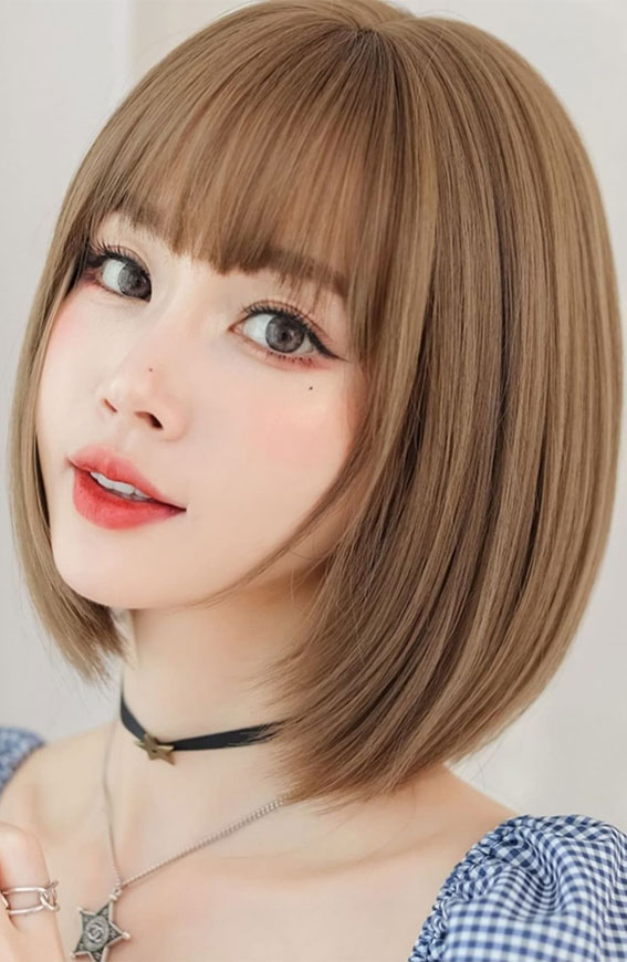 30+ Cute Short Hair with Bangs Korean Style : Chin Length Layered Bob with  Side Bangs