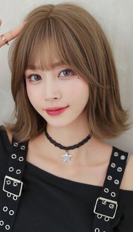 30+ Cute Short Hair with Bangs Korean Style : Bob Layered Ends with Wispy  Bangs