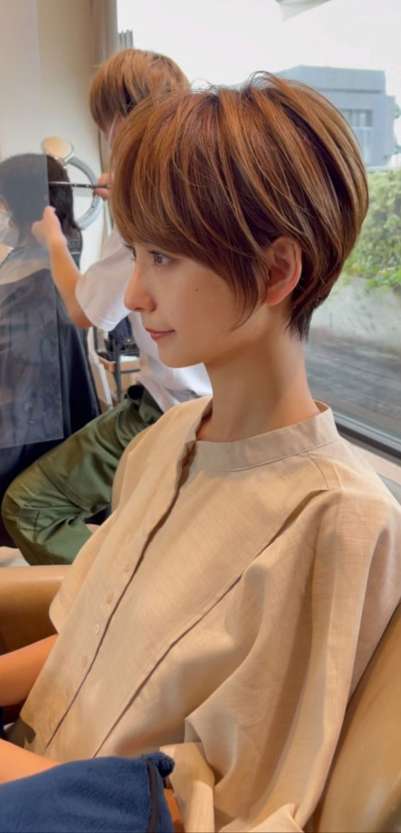 30+ Cute Short Hair with Bangs Korean Style : Brown Bixie with Layered Bangs