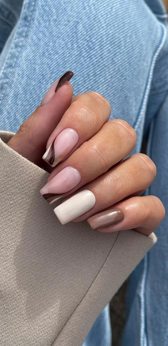 30 Gorgeous November Nail Ideas : Brown Wavy Tip Nails