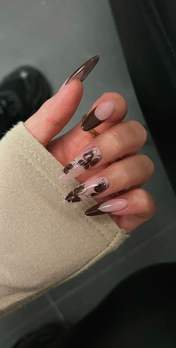 30 Gorgeous November Nail Ideas : Brown Butterfly French Nails