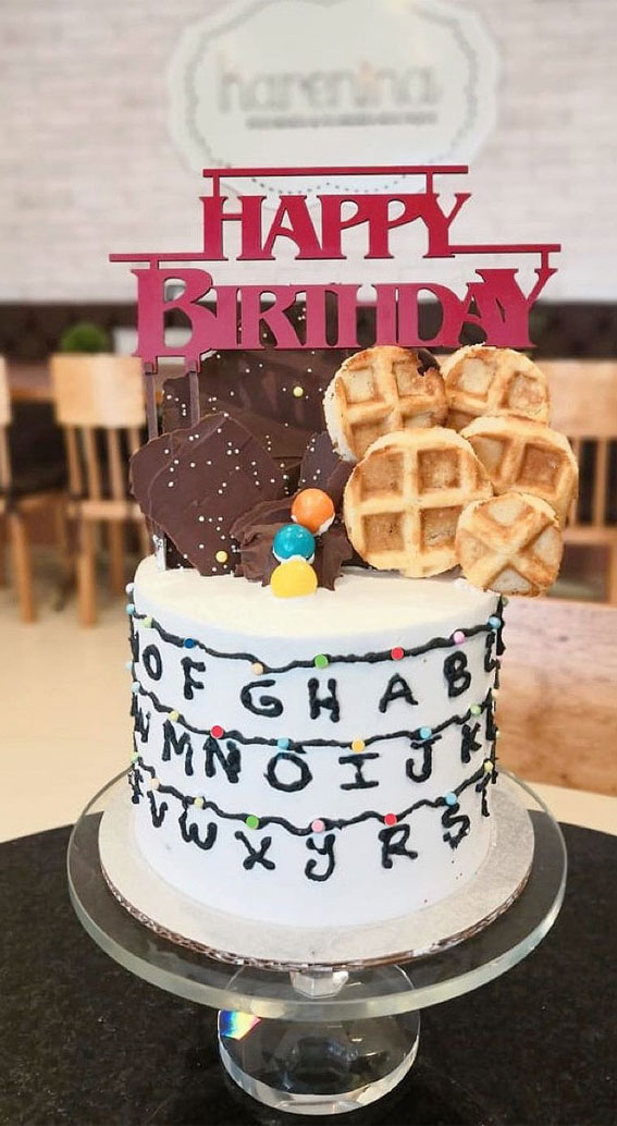 40+ Awesome Stranger Things Cake Ideas : Round Waffle + Chocolate Toppers