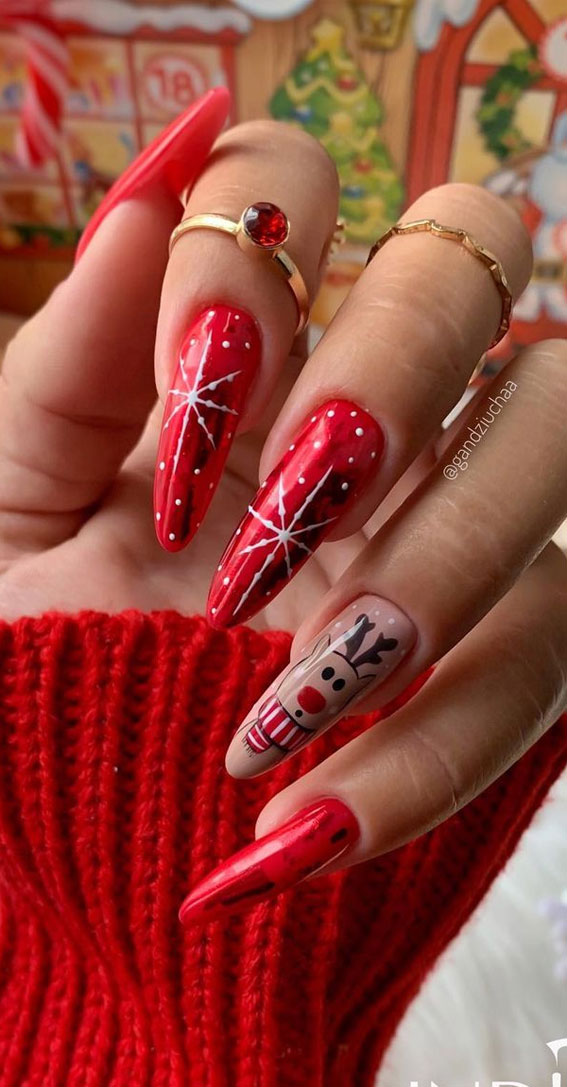 50+ Fab Christmas Nail Designs & Ideas : Reindeer Nude Stiletto Nails