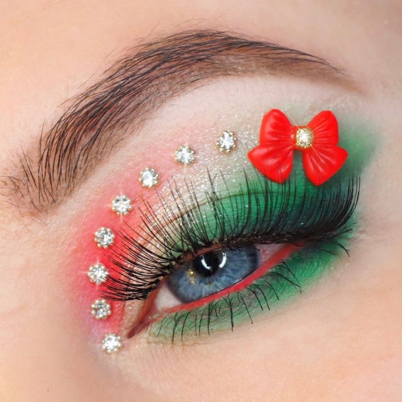 20+ Christmas & Holidays Makeup Ideas : Glam Rhinestone + Red Bow