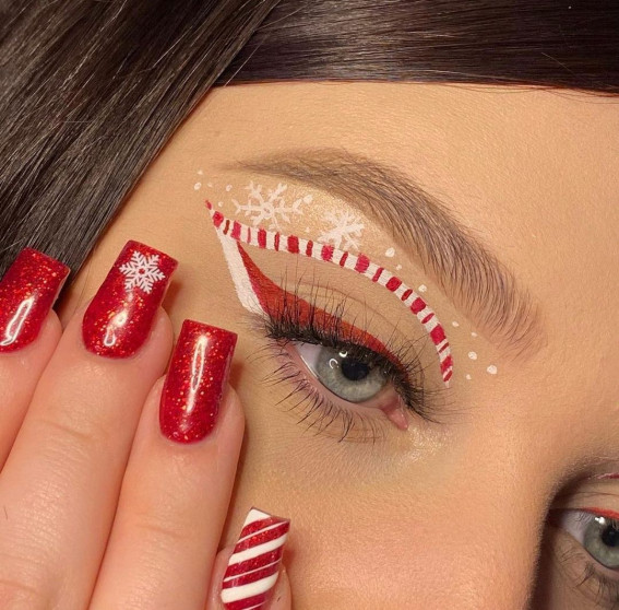 20+ Christmas & Holidays Makeup Ideas : Candy Cane + Snowflake Christmas Makeup