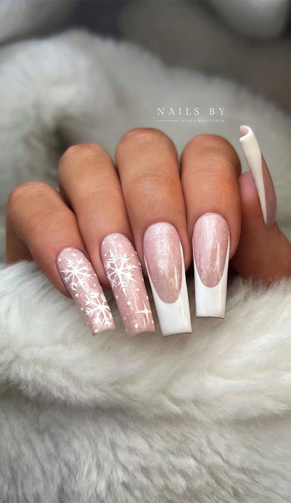 50 Best Holiday Nail Art Ideas & Designs : Snowflake Sparkly French Nails