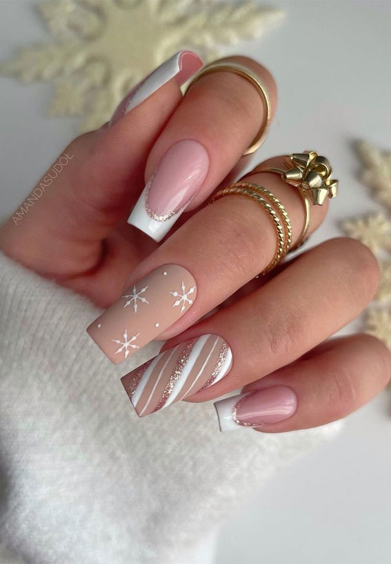 50 Best Holiday Nail Art Ideas & Designs : Nude Candy Cane Nails
