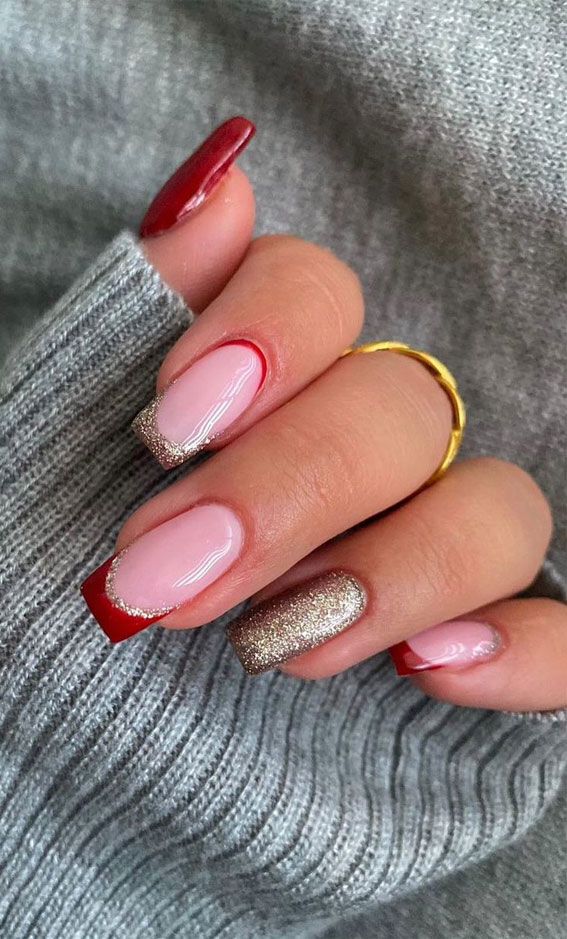 50+ Stylish Festive Nail Designs : Glitter & Red Holiday Vibe Nails